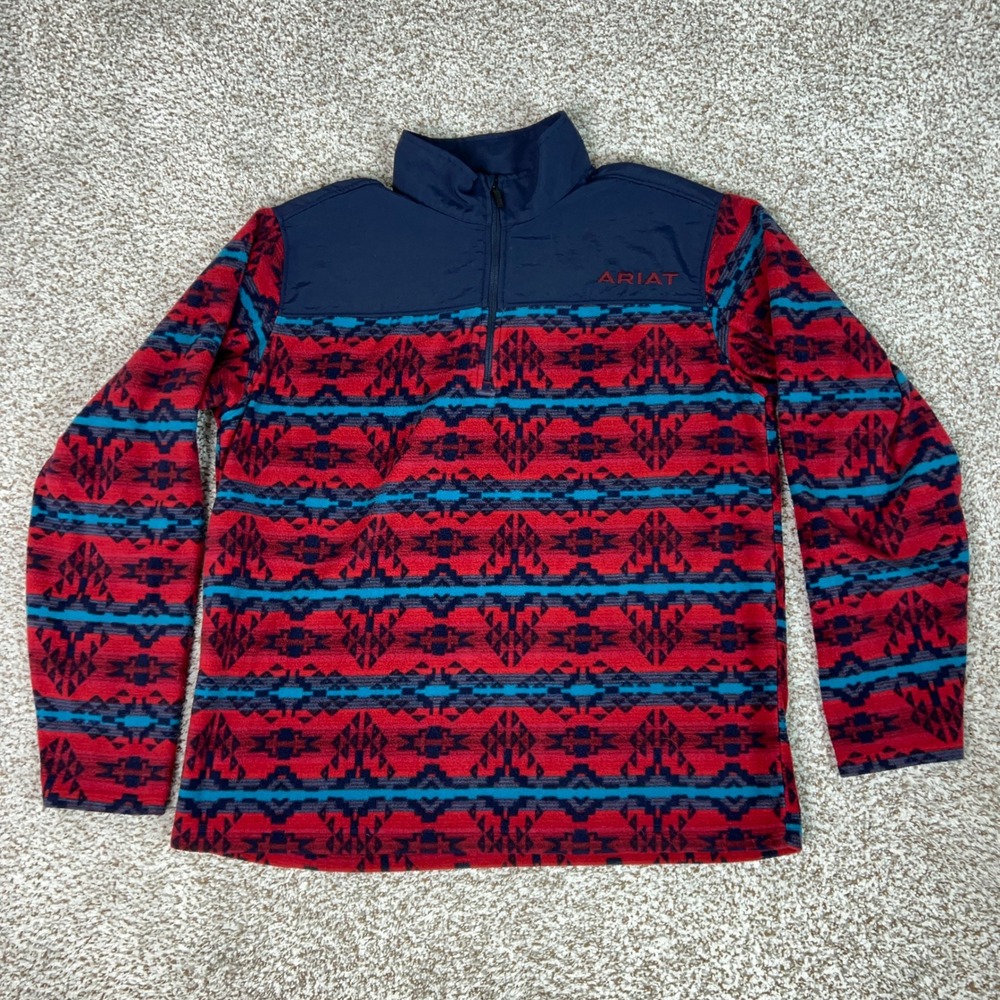 Ariat Pullover Mens Large Red Southwestern Outdoor 1/4 Zip Fleece Sweatshirt Top